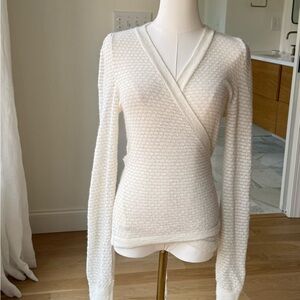 Cream Wrap-Front Textured Knit Cardigan Sweater